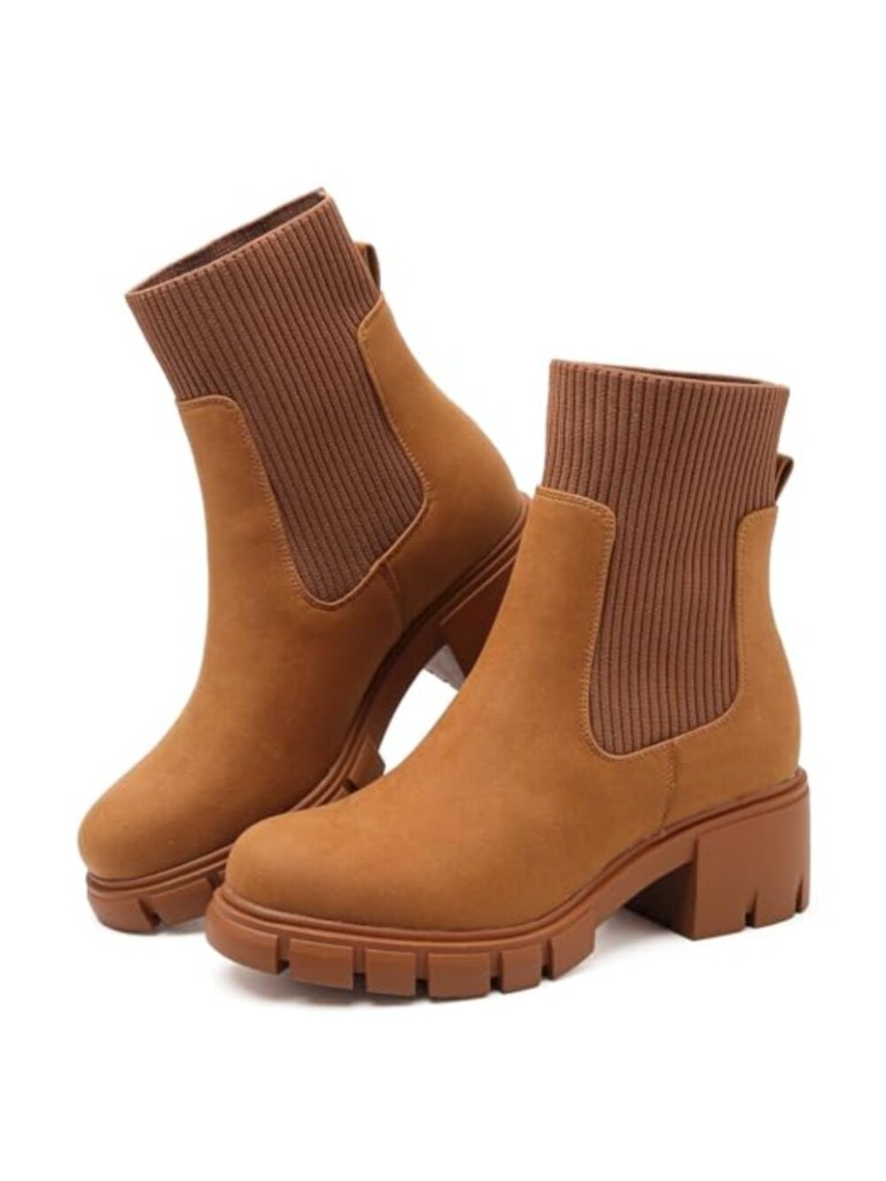 Chelsea Boots Women Stretch Knit Suede & PVC Chunky Heel Lug Sole